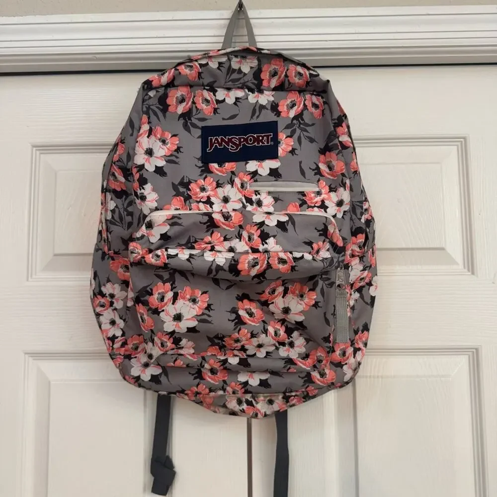 Jansport Backpack Plumeria Flowers Pink Gray Cherry Blossom School Travel Work - Picture 2 of 15